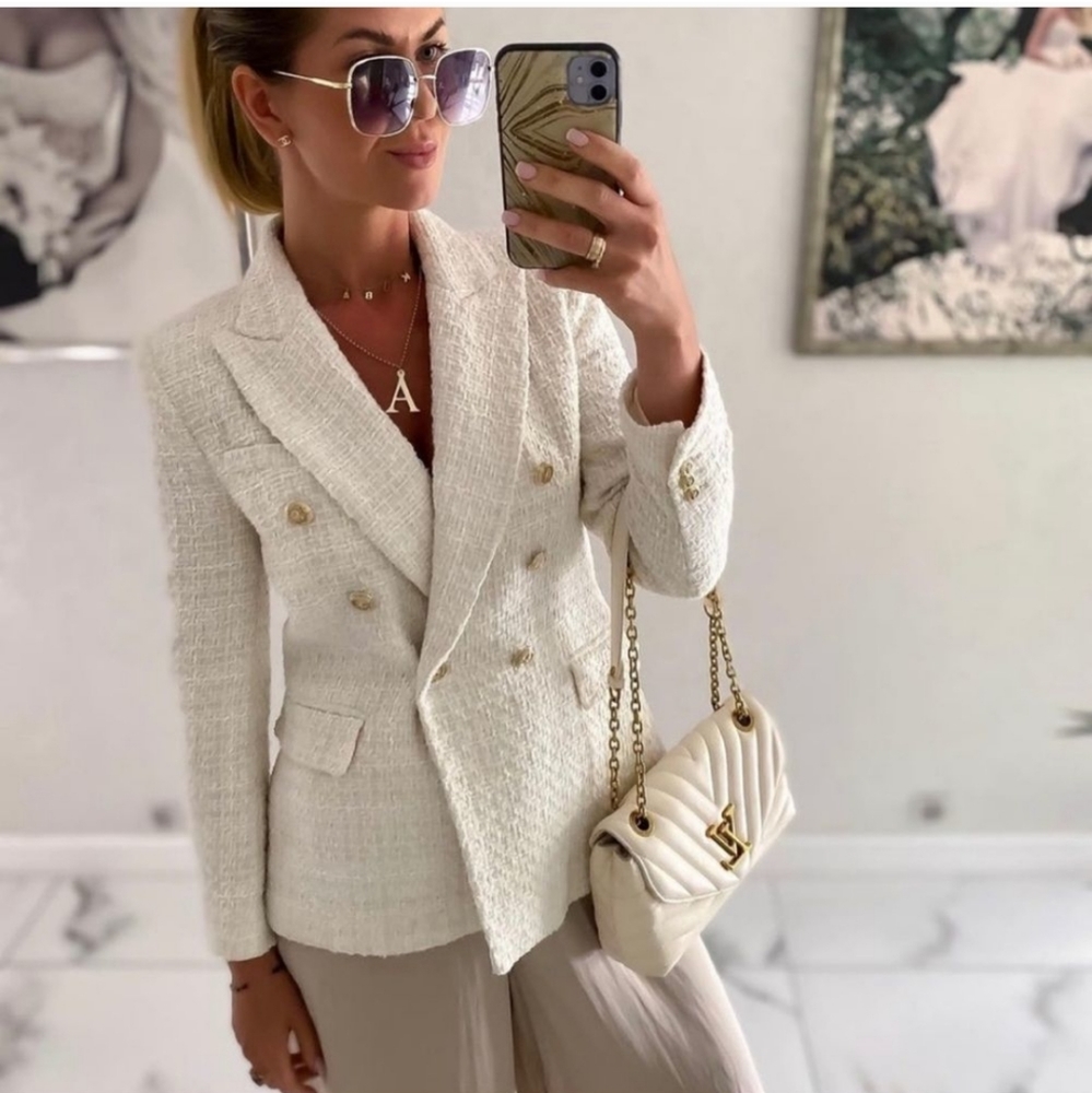 ZARA Tweed Textured Double Breasted Blazer gold buttons size S - Picture 6 of 16